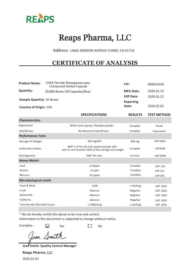 COEK更年舒出厂质检报告