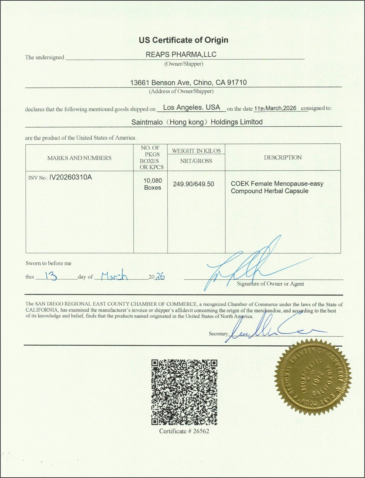 COEK更年舒美国原产地证明，制造商 REAPS PHARMA LLC，2026年3月11日自洛杉矶装运
