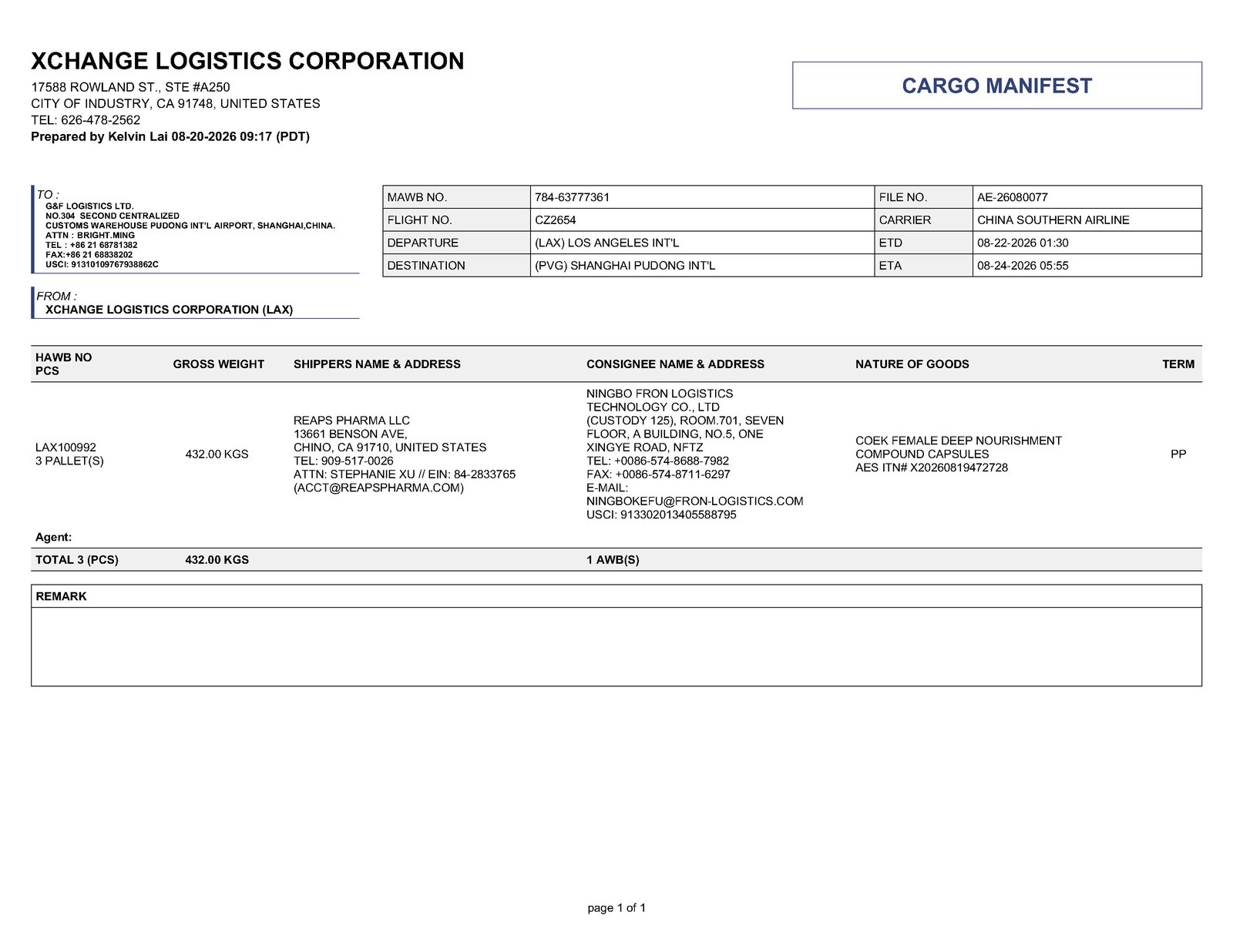 COEK DeepNourishment Cargo Manifest, MAWB 784-63777361