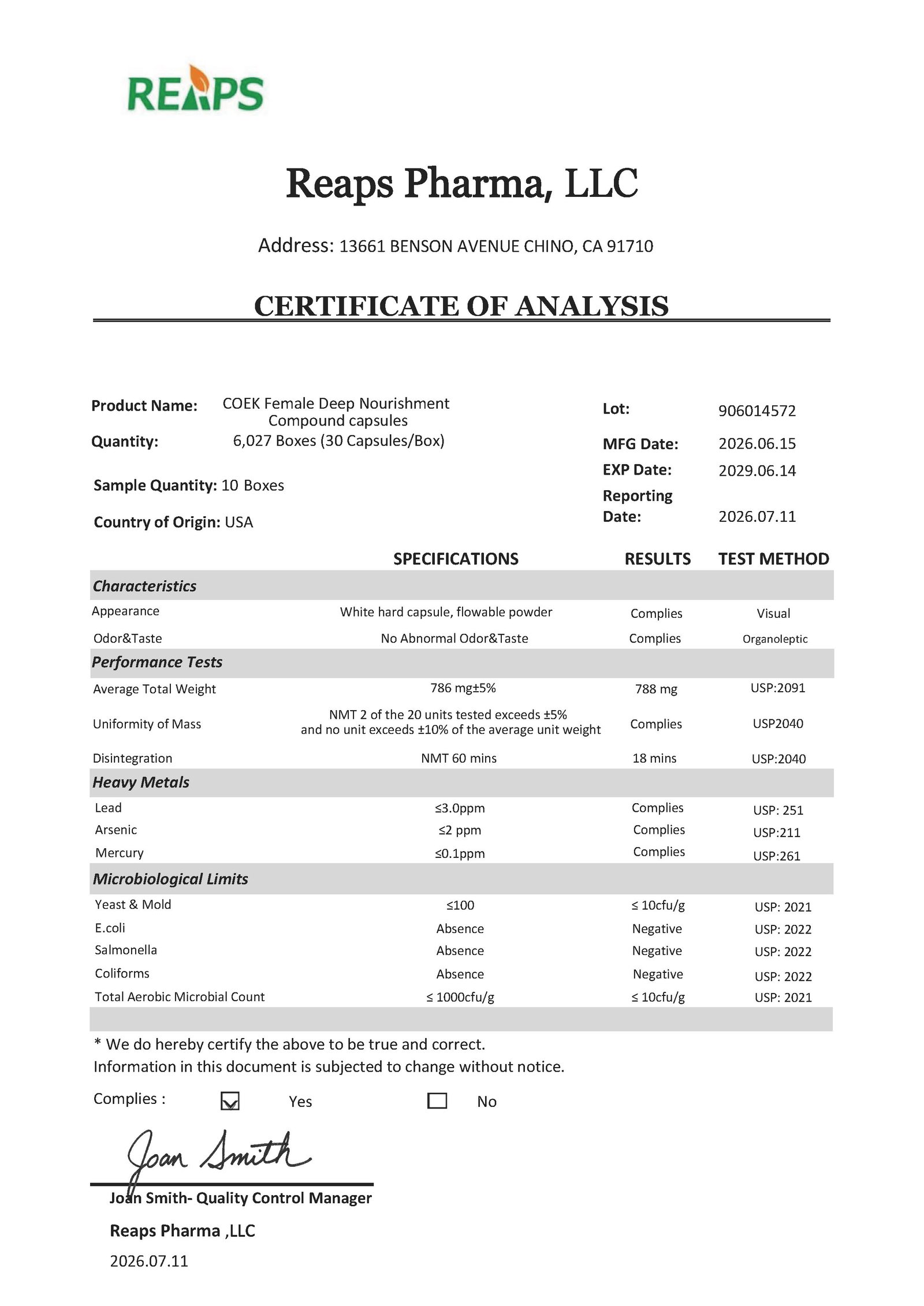 COEK DeepNourishment Certificate of Analysis COA, Lot 906014572, heavy metals and microbes meet USP standards