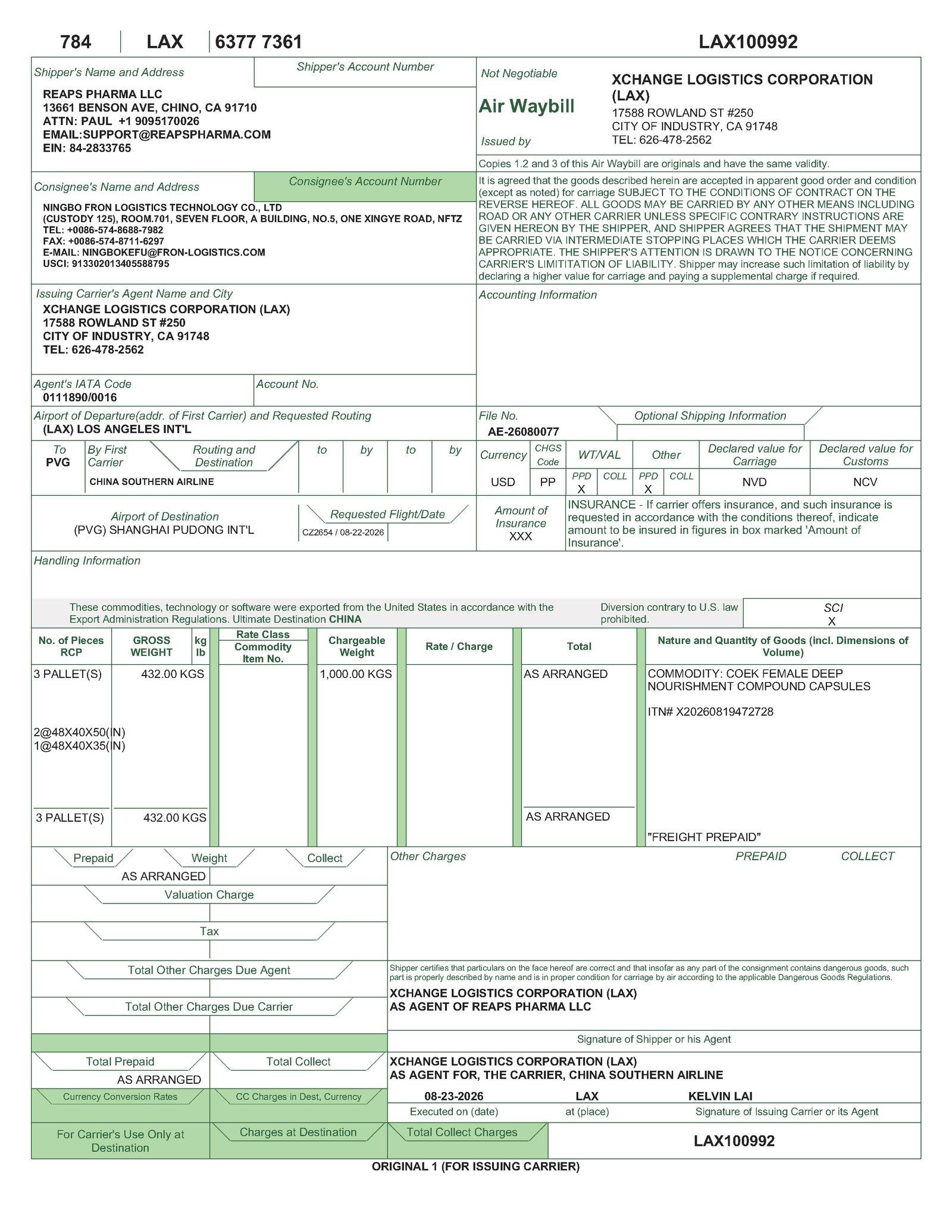 COEK DeepNourishment House Air Waybill HAWB LAX100992