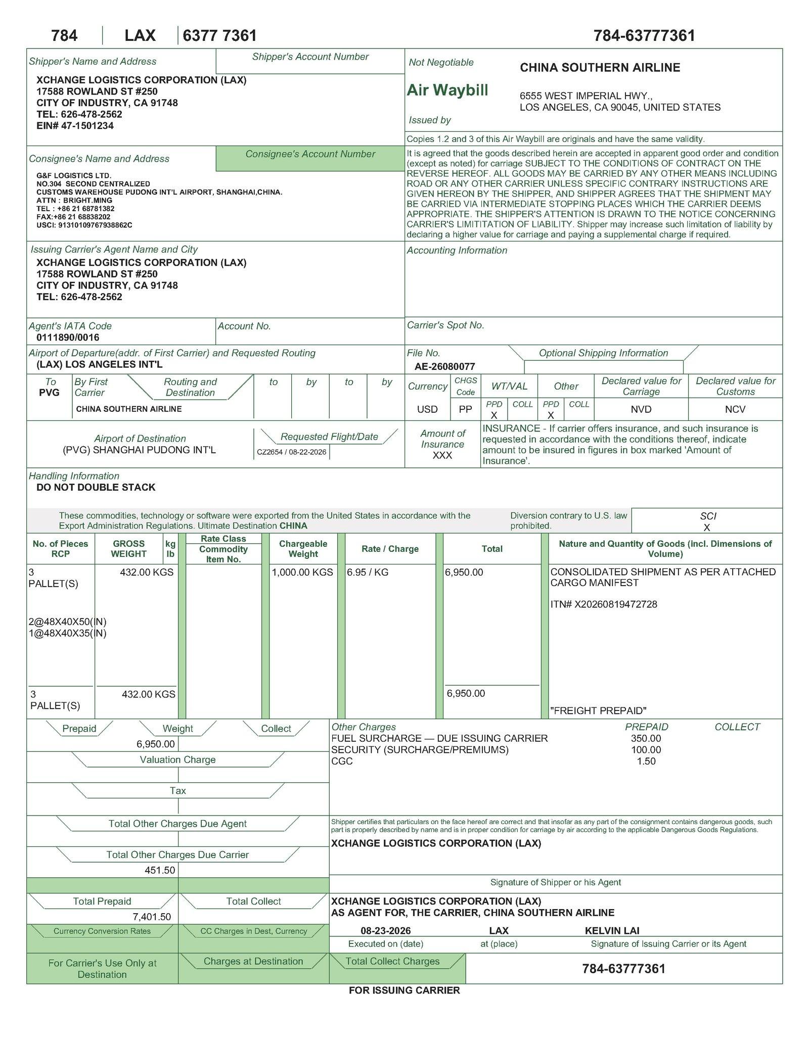 COEK DeepNourishment Master Air Waybill MAWB 784-63777361