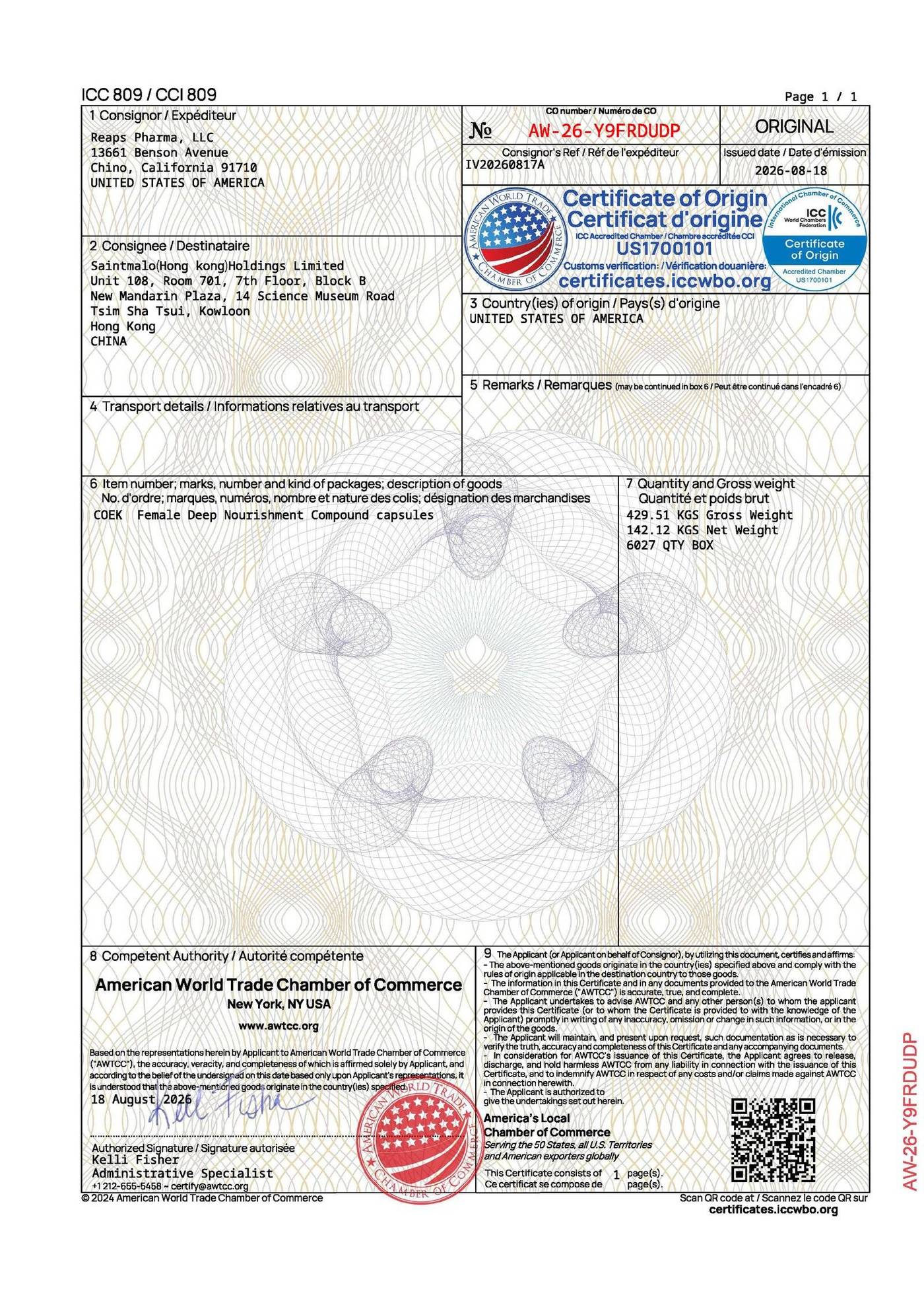 COEK DeepNourishment U.S. Certificate of Origin, No. AW-26-Y9FRDUDP, issued 2026-08-18