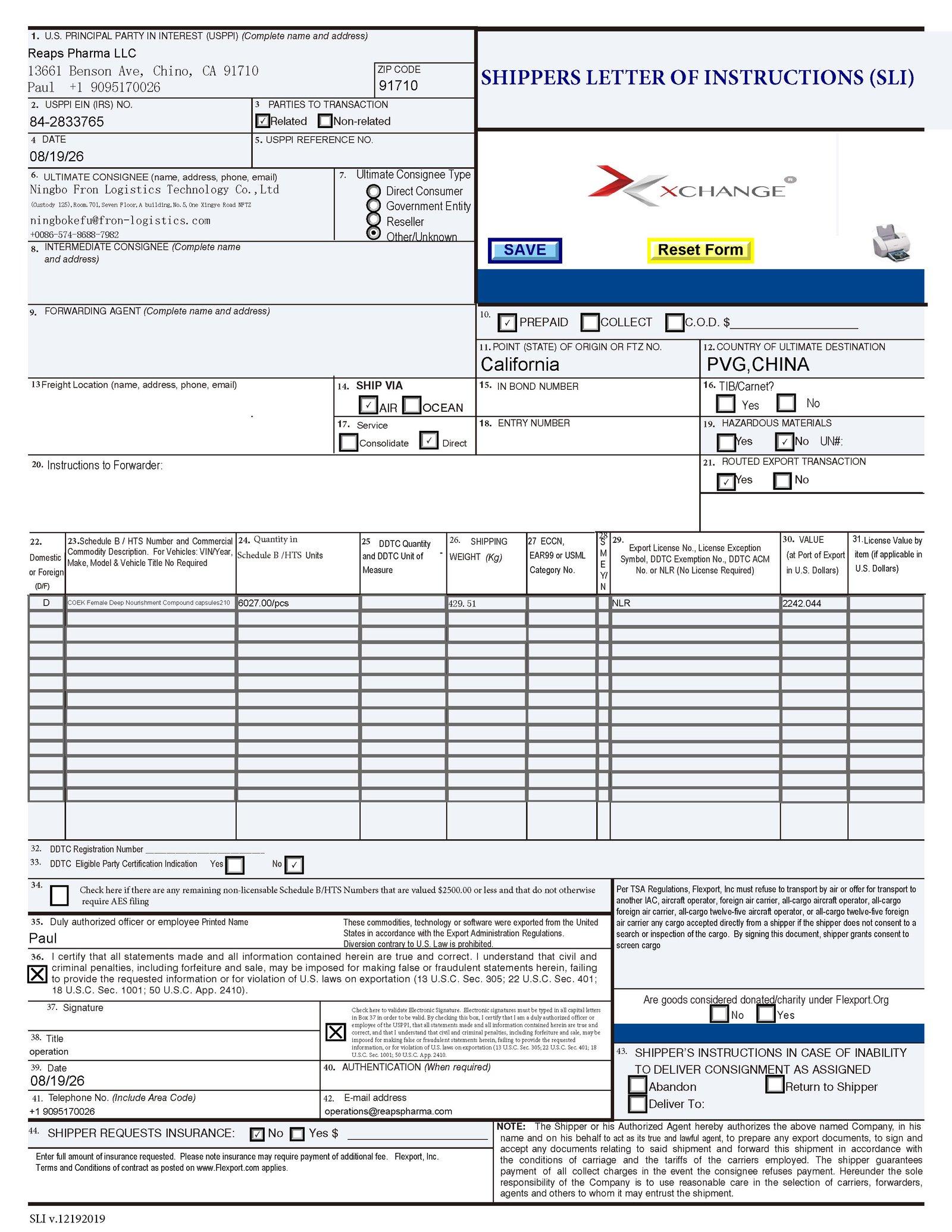 COEK DeepNourishment Shippers Letter of Instructions, shipper REAPS PHARMA LLC